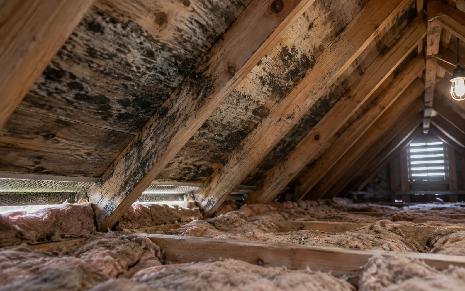 Dark staining across the underside of attic roof sheathing between the rafters