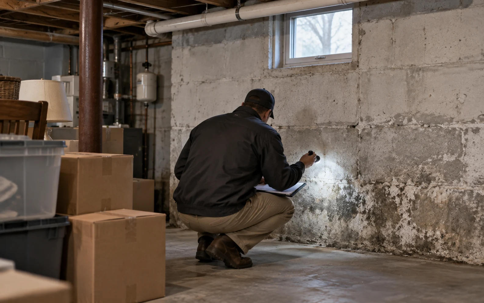 Inspector examining a basement foundation wall with a torch and clipboard during a property inspection