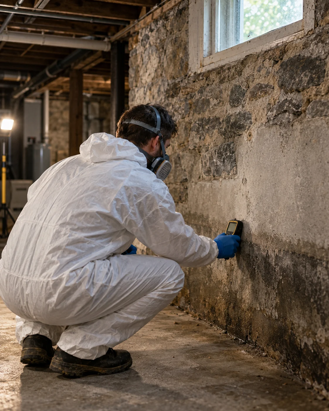 Mold remediation technician in protective gear inspecting a basement wall in a West Roxbury home