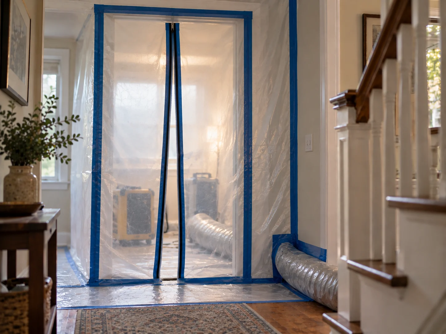 Plastic sheeting containment barrier set up around a work area during mold remediation